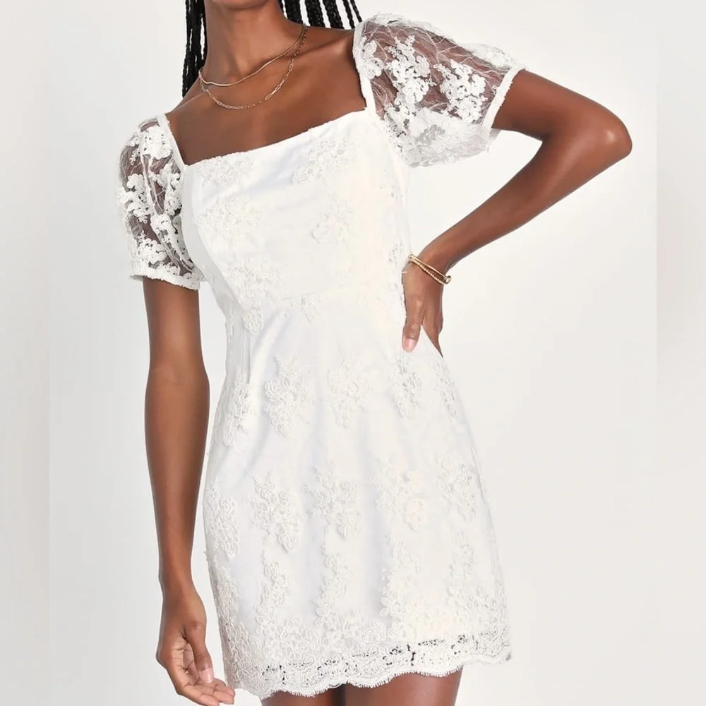 Lulu’s Avid Admiration White Embroidered Sequin Puff Sleeve Mini Dress - Picture 1 of 8